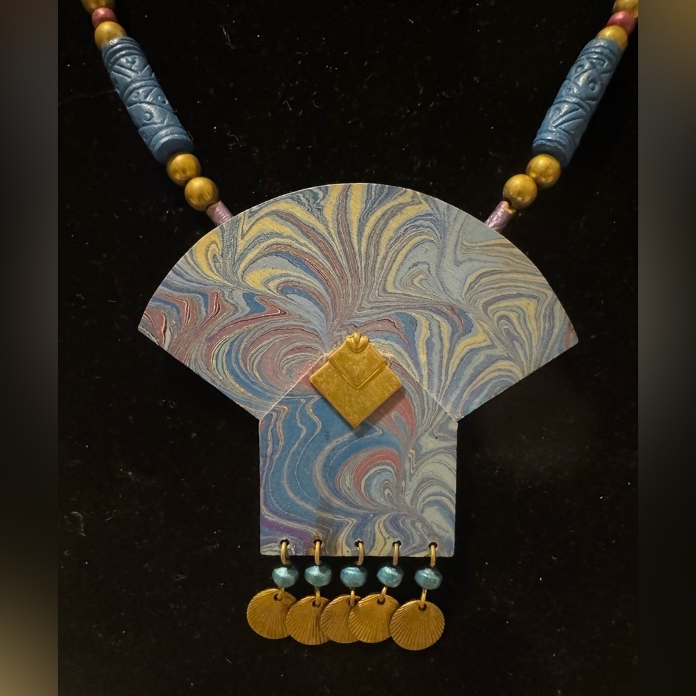 Long Necklace Handcrafted Wood Or Paper w/ Beaded Chain. Blue Boho Approx 26” - Picture 2 of 5